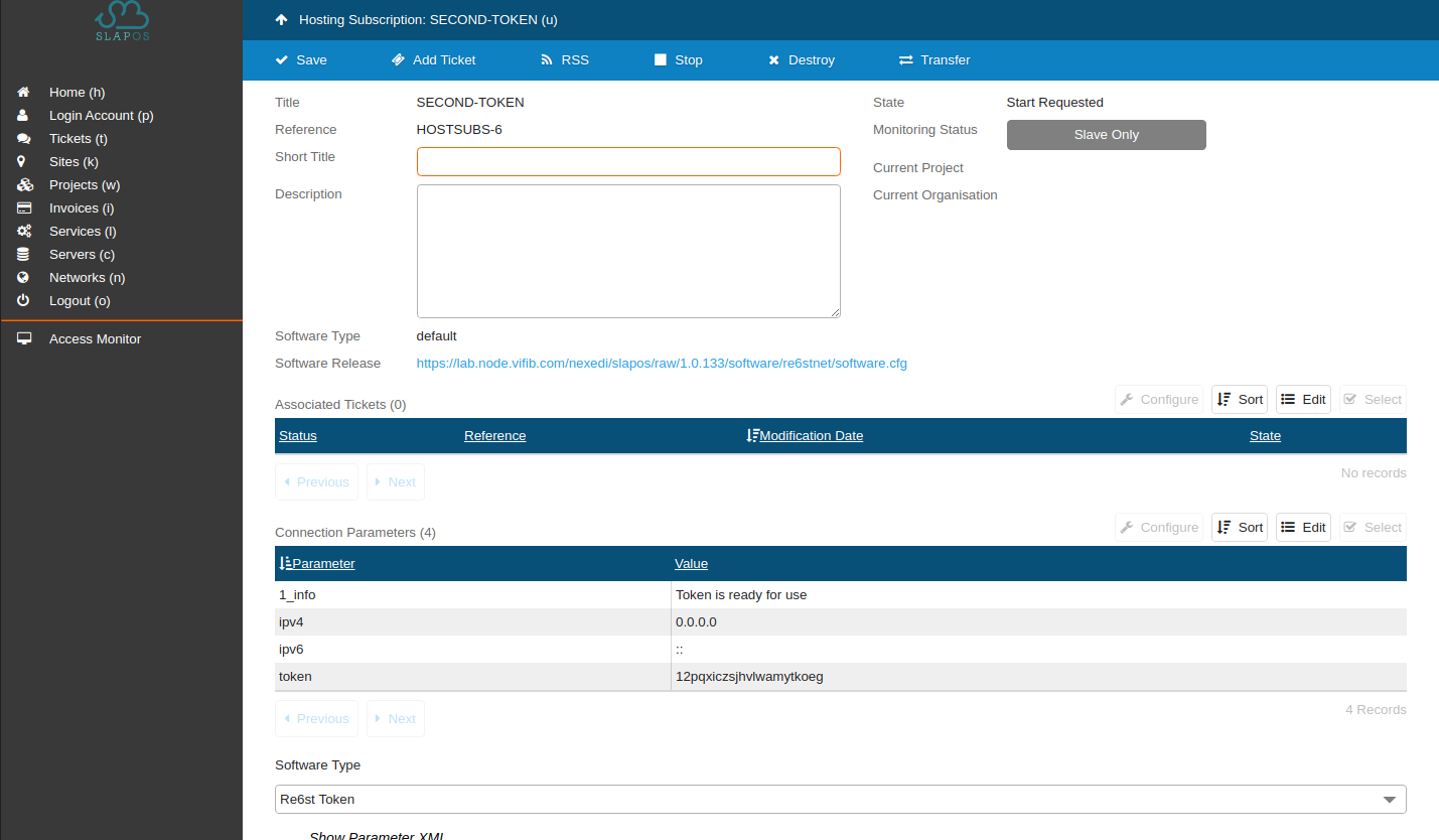 SlapOS Interface - Re6st Token Connection Parameters