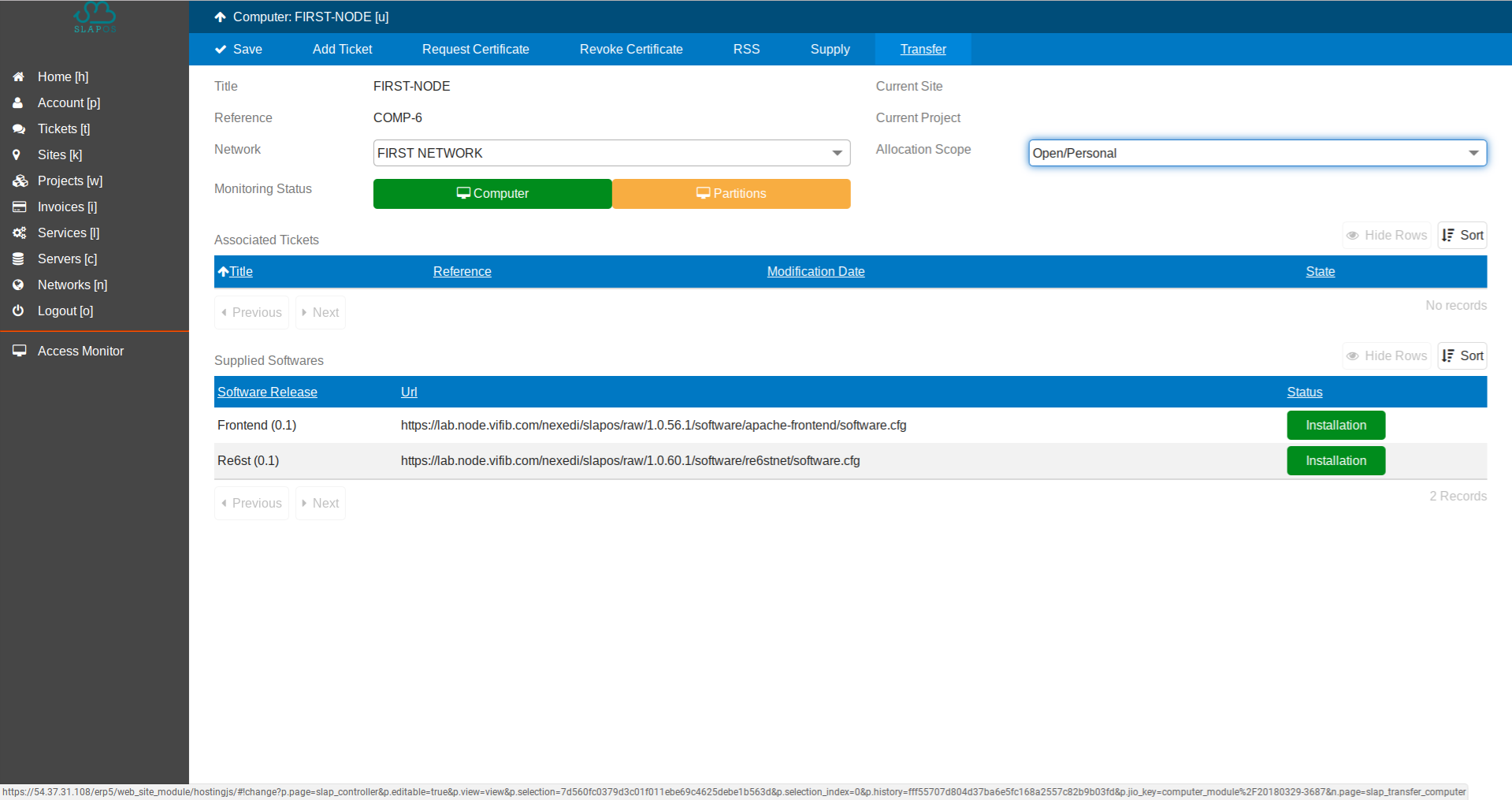 SlapOS Dashboard - Server Transfer