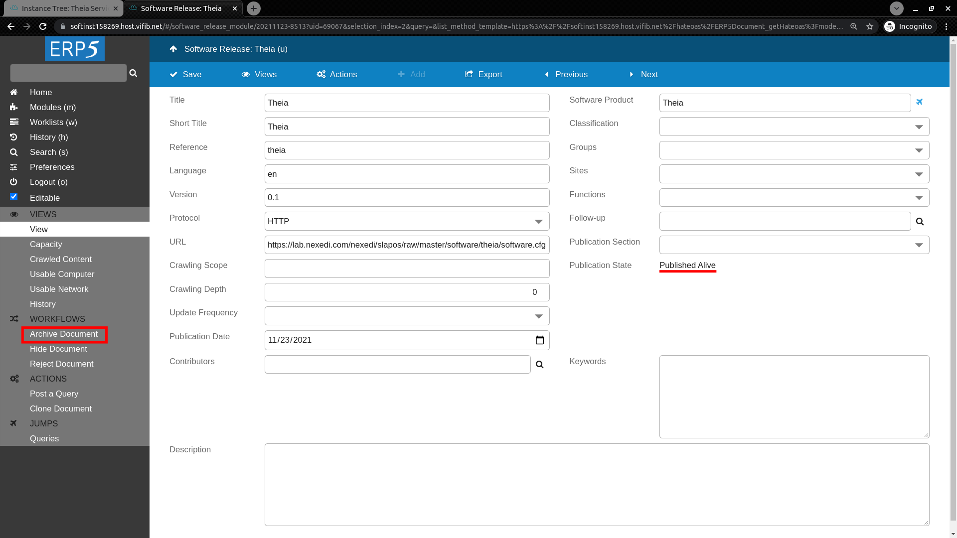 ERP5 Interface - Administrator Define Software Release Webrunner