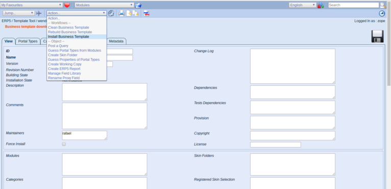 Wendelin ERP5 - Select Install Business Template Action