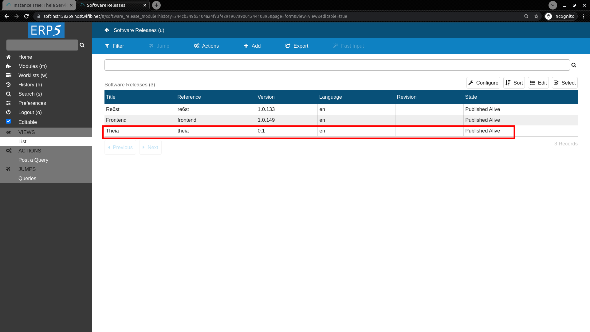 ERP5 Interface - Administrator Add Software Release Webrunner